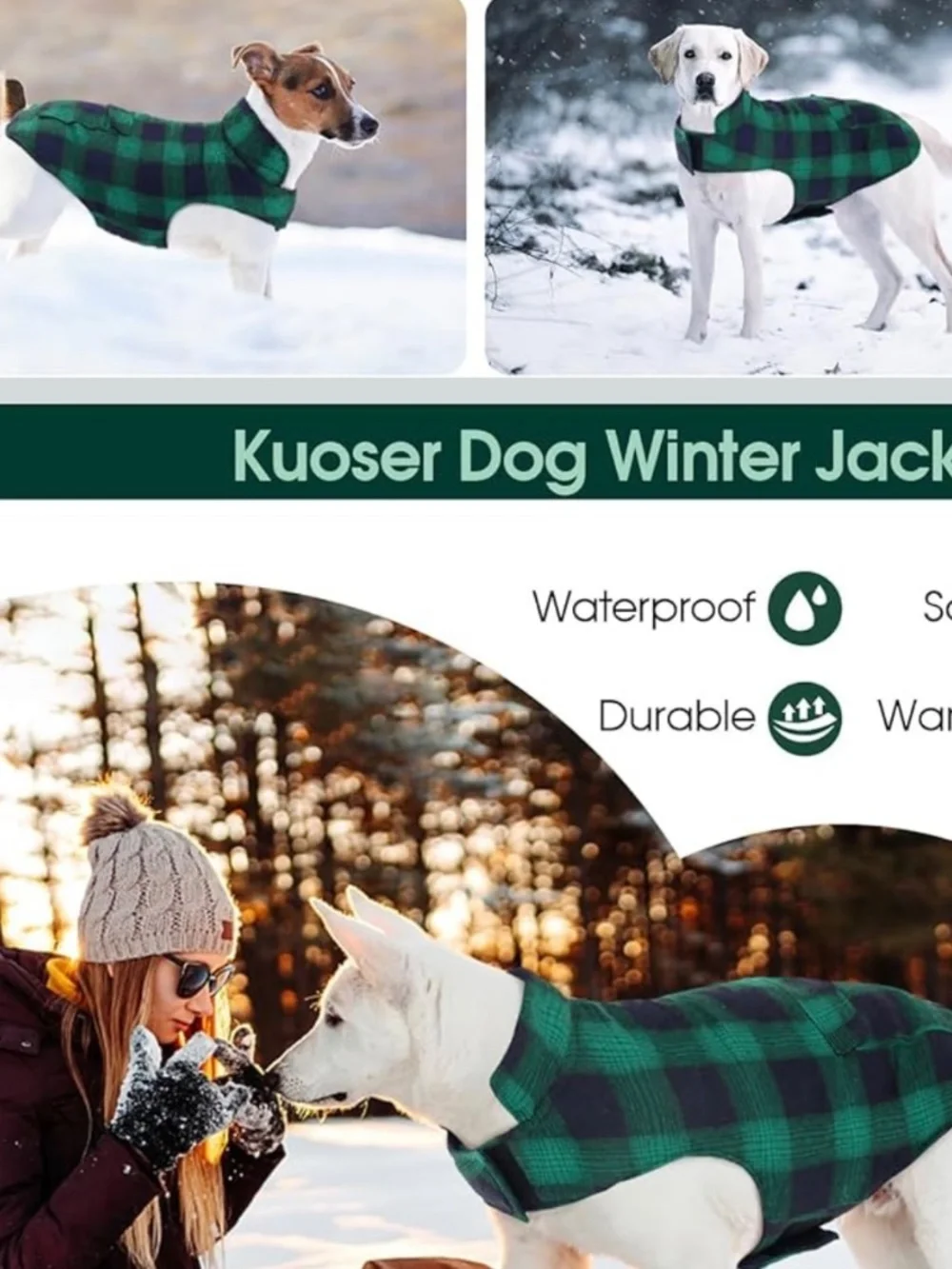 Kuoser Reversible Dog Winter Coat Small NWT Green Plaid Puppy Jacket